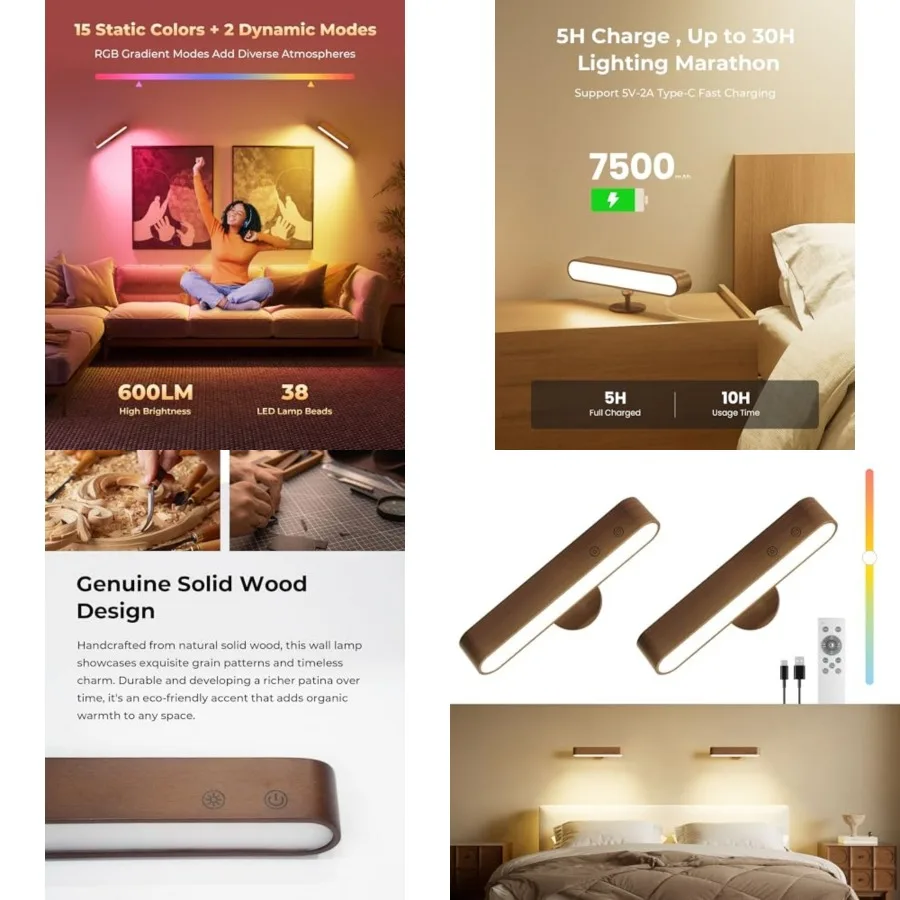 

Rechargeable Walnut Wood Wall Sconces Set of Two LED Wall Lights for Bedroom, Touch and Remote Control, 360° Rotate Magnetic Wa