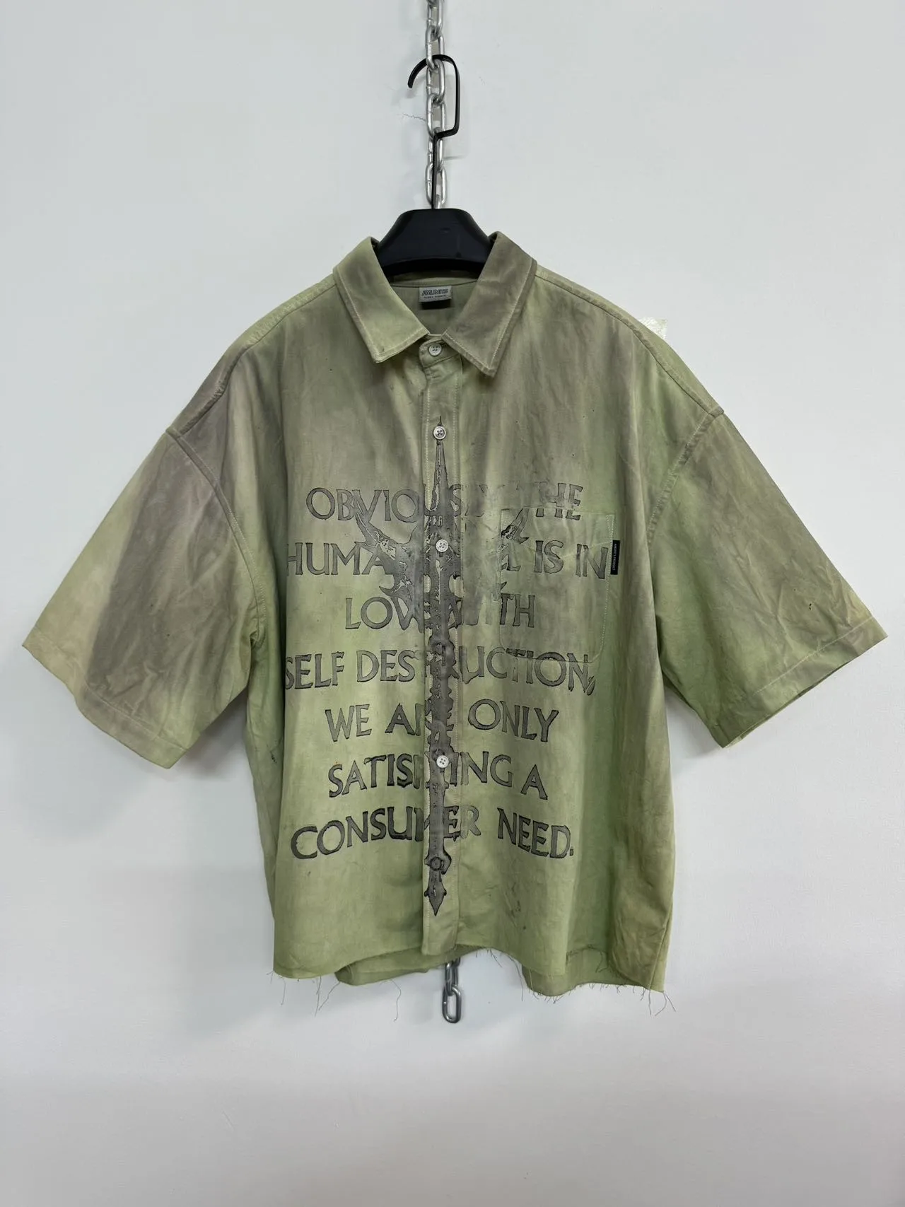 Fashion Designer Hand-Made Dirty Dyed Damaged Craft Frayed Printed Loose Profile Casual Short Sleeve Shirt Men Shirts