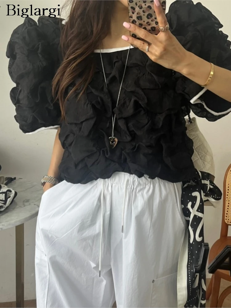 

Summer T-Shirts Women Puff Pleated Sweet Fashion Square Collar Ladies Cropped Blouses Korean Style Loose Woman T-Shirts