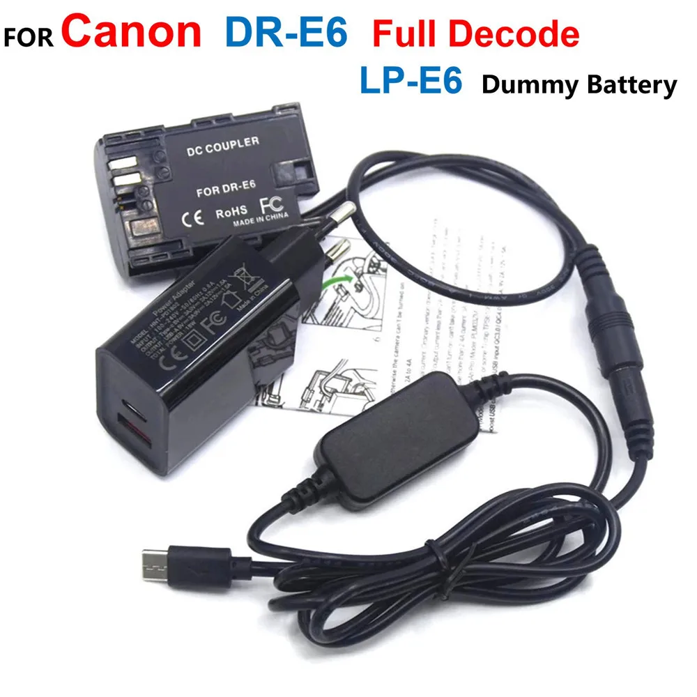 

DR-E6 LP-E6 Full Decode Fake Battery+USB C Power Bank Cable+Charger For Canon EOS 60Da 70D 80D 5DS R 5D Mark IV III 5D4 5D3 5D2