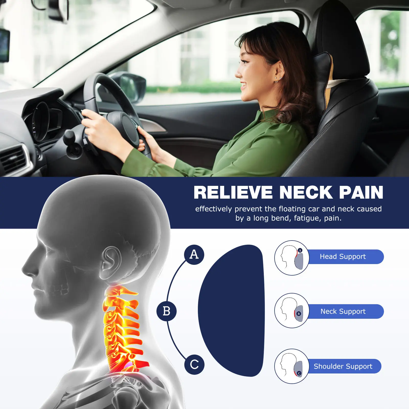 2Pcs Universal Fit Neck Pillow for Driving Travel Car Headrest Support Neck Protector Cushion Posture Corrector Black