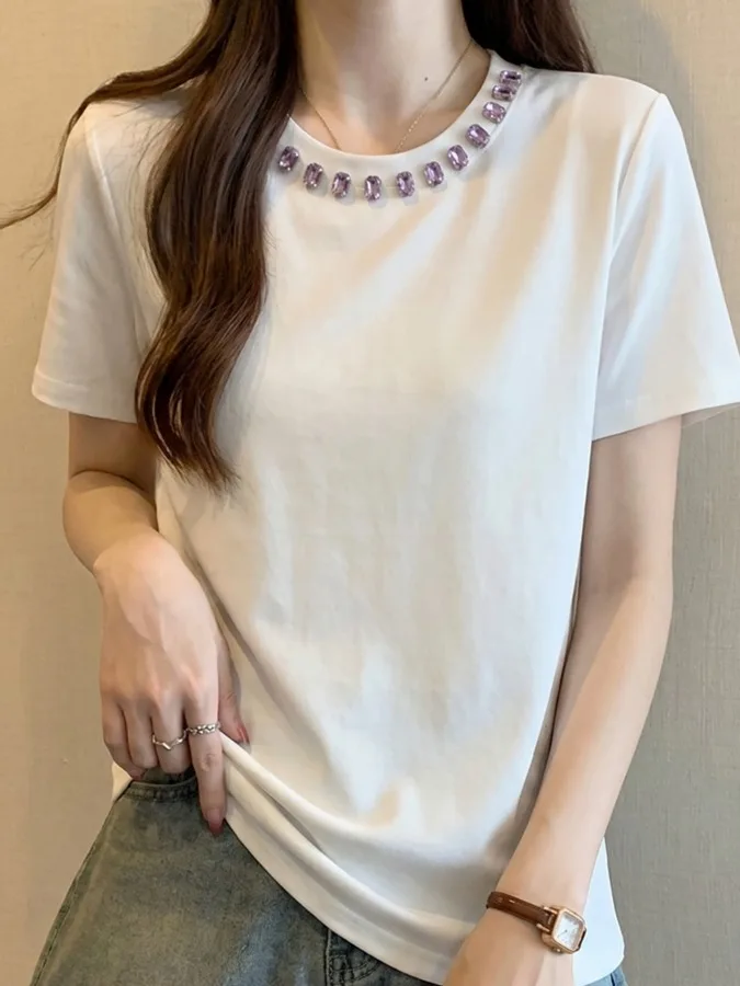 

Handmade Diamond Large Size T-Shirt Short Sleeve Loose Fashionable Women's Top for plus Size MM Slimming Trendy Casual Wear