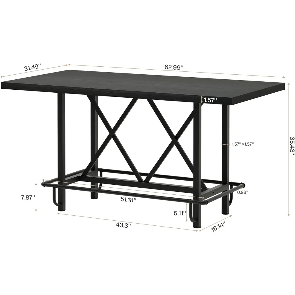 Bar Table, Industrial Counter Height Pub Table with Metal Footrest, 63-Inch Rectangle Wood Kitchen Dining Table with