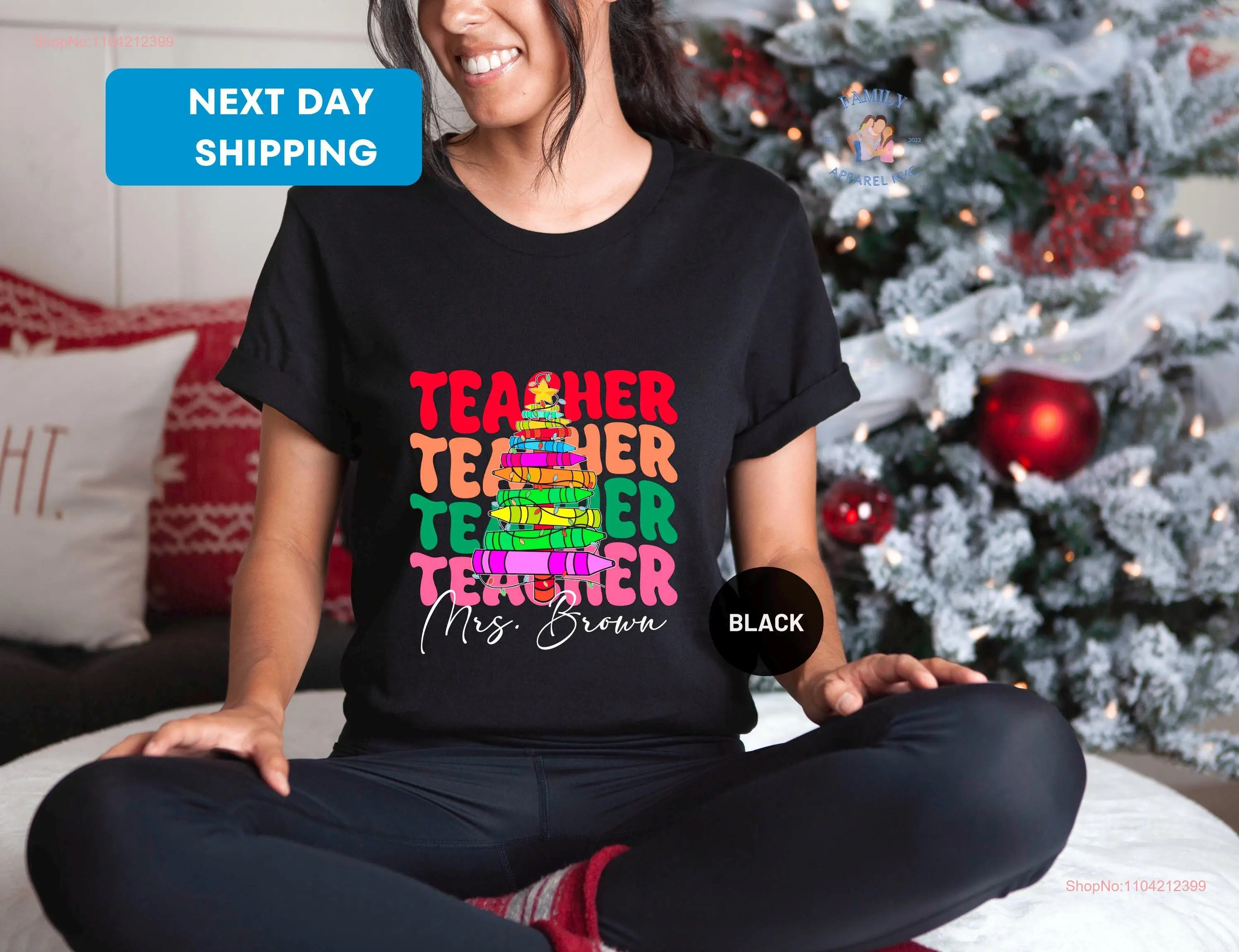 Colorful Crayon Tree T Shirt Christmas Teacher Fun Holiday Merry Apparel long or short sleeves