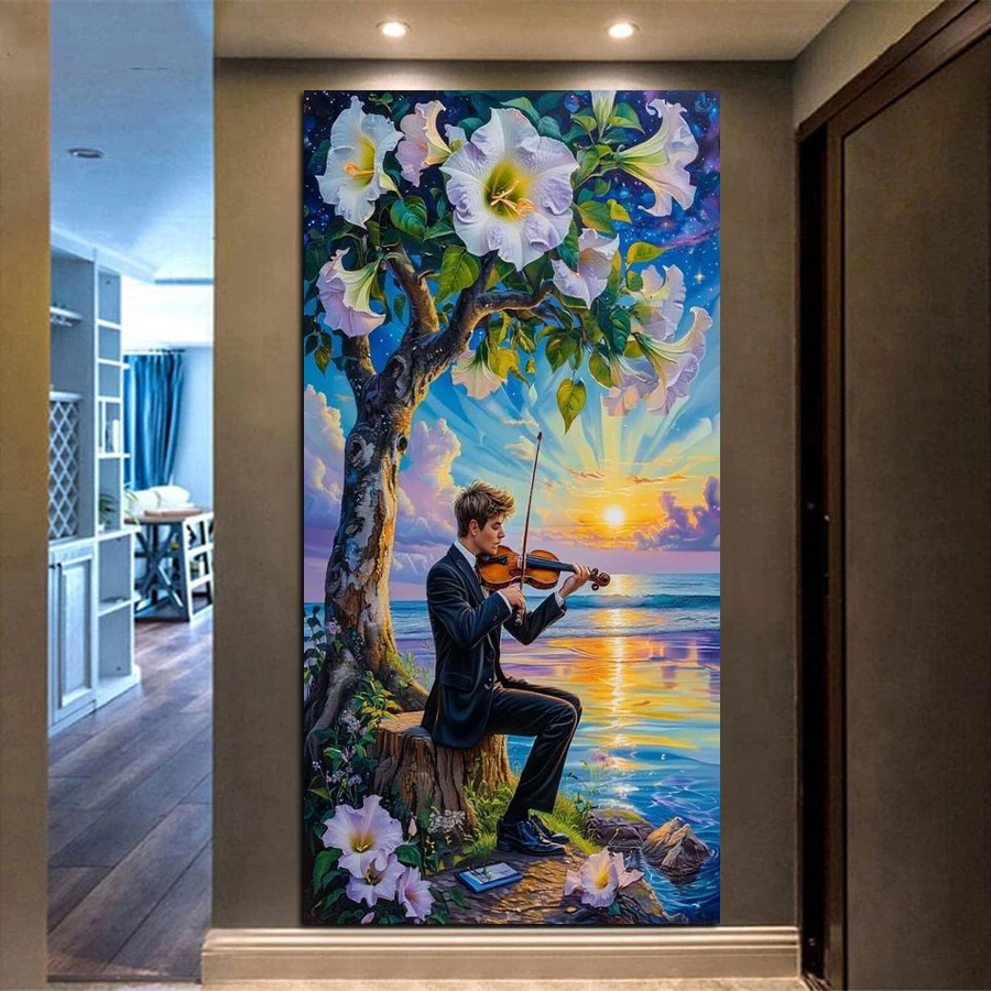 

Мужчины играют на скрипке большого размера Diy Diamond Art Painting Kit Закат Морской цветок Полный квадратный круглый дрель Мозаика Вышивка Картина