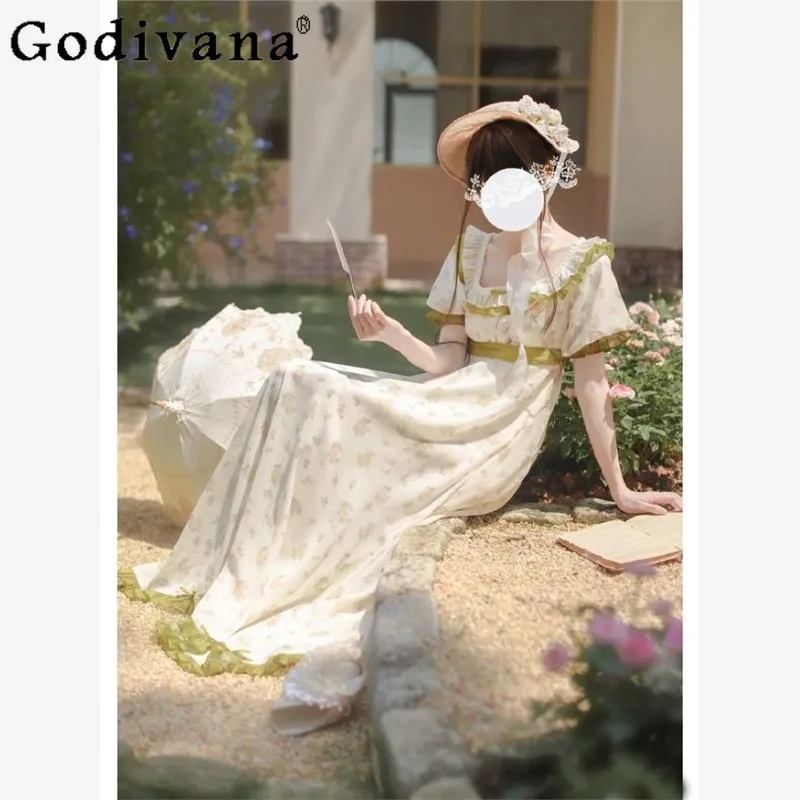 

Lolita Floral Vintage Heavy Craft Dress Girls Square Neck Ruffle High Waist Long Dress Women Japanese Style Sweet Dress