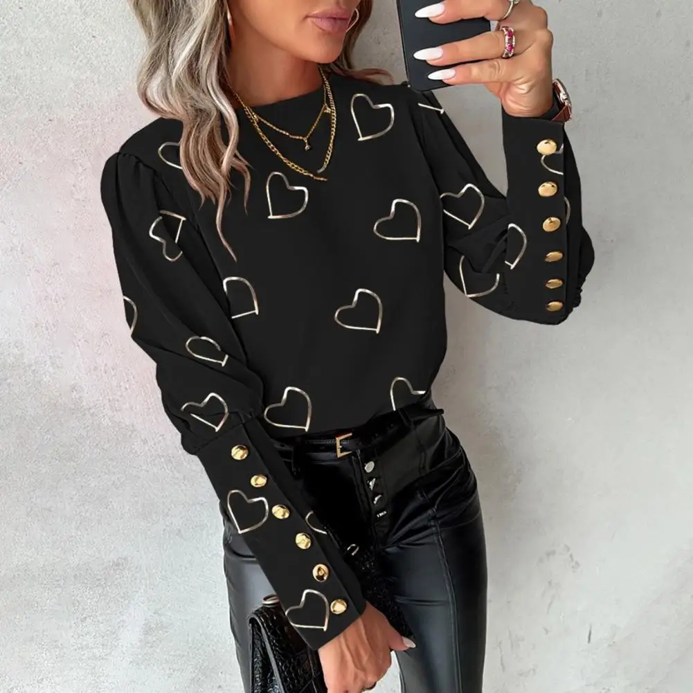 Round Neck Shirt Heart Print Long Sleeve Blouse for Women Round Neck Loose Button Decor Shirt Soft Breathable Ol Commute Style