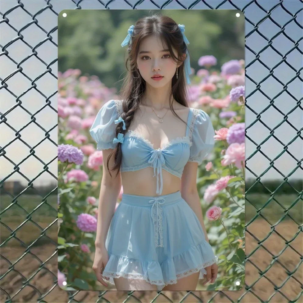 2026 Retro Metal Tin Sign Beautiful Asian Woman in Light Blue Co-ord Set with Lace Trim in Flower Garden Vintage Outdoor Wall Ar