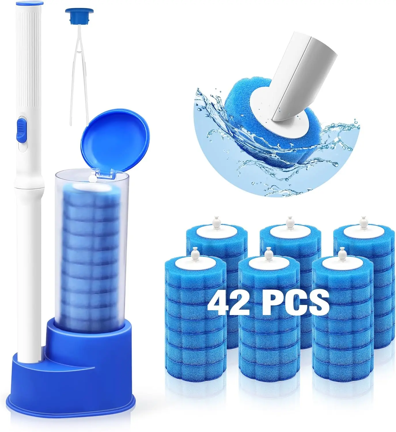 

Disposable Toilet Brush with Tweezers, 42 Refills, Wand Holder Set, Bathroom Cleaning Kit for Sink Bathtub Drain (Blue)