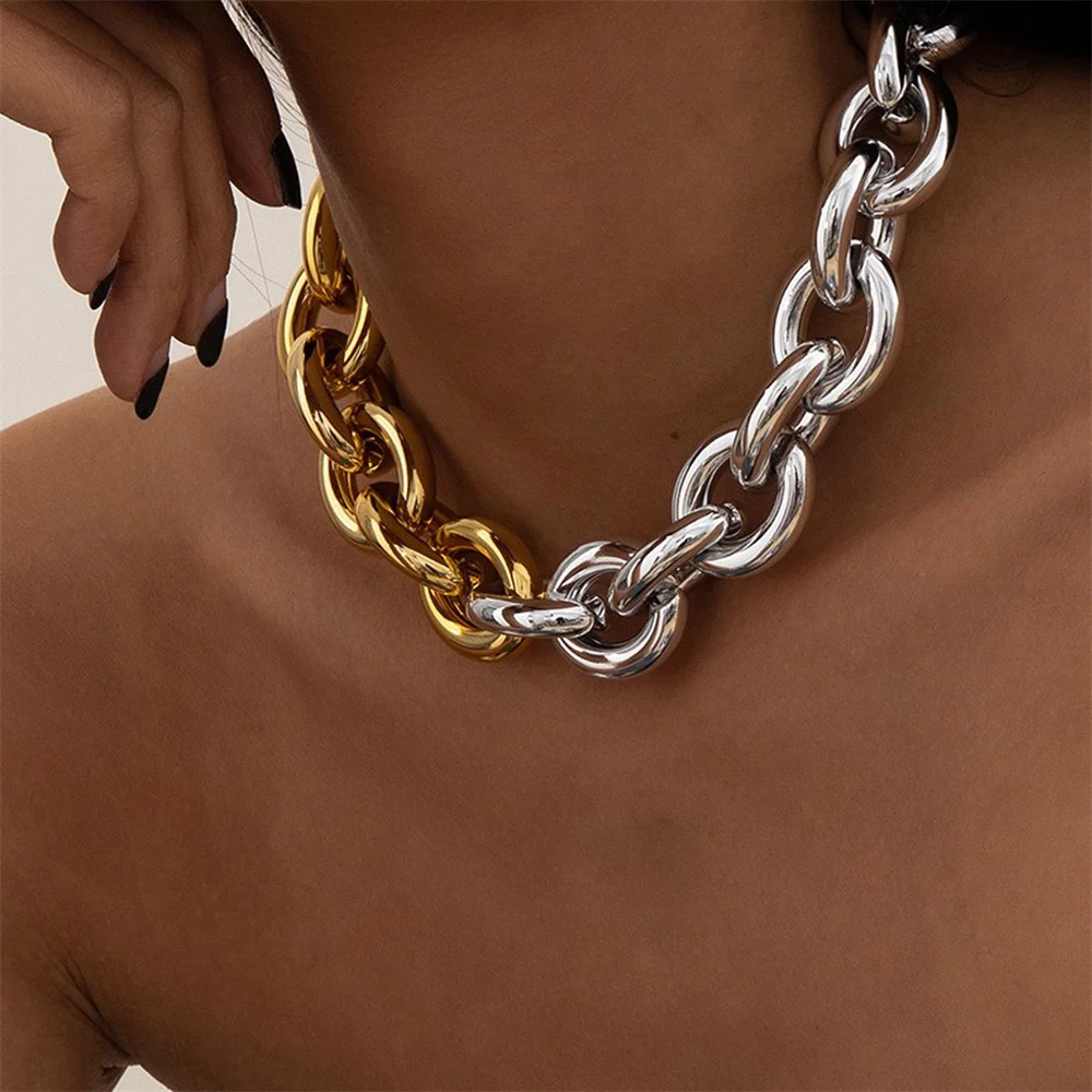 Punk Hip-Hop Thick Chain Collarbone Necklace Creative Mixed Color Metal Buckle Single Layer Necklace For Women