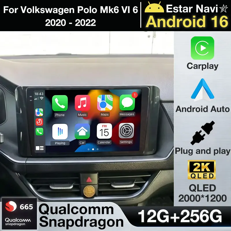 Android 16 Carplay Car Radio For Volkswagen Polo Mk6 VI 6 2020 - 2022 Multimedia Video Player Navigation Stereo GPS No 2Din DVD