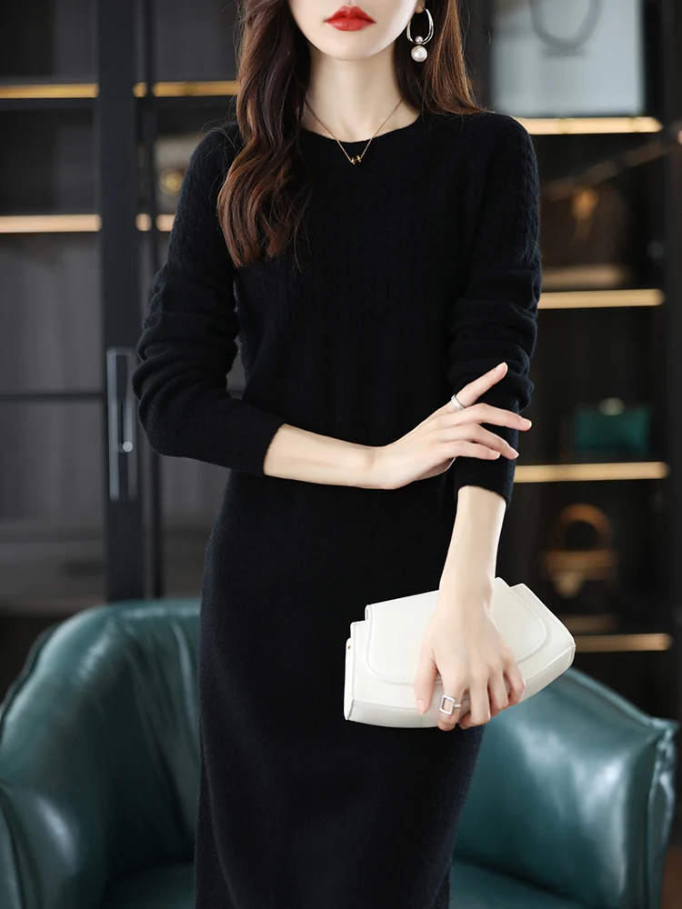 Round Neck Cashmere Dress Women's Long Pullover Sweater Autumn And Winter New Knitted Knee-Length Pure Wool Dress