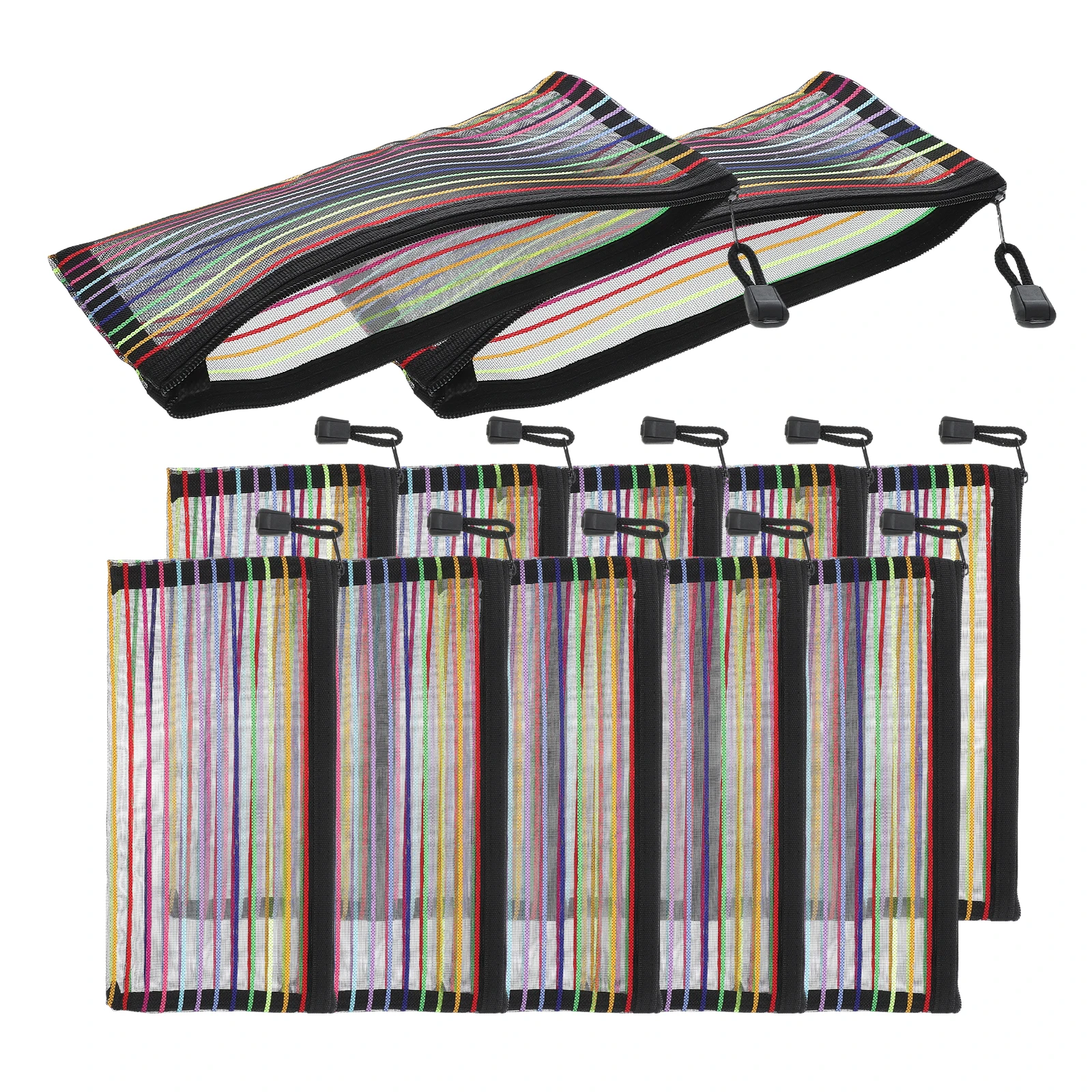 

12 Pc Striped Storage Bag Organizer Bags Office Stationery File Pouches for School Folders Document with Zipper Mesh Pvc