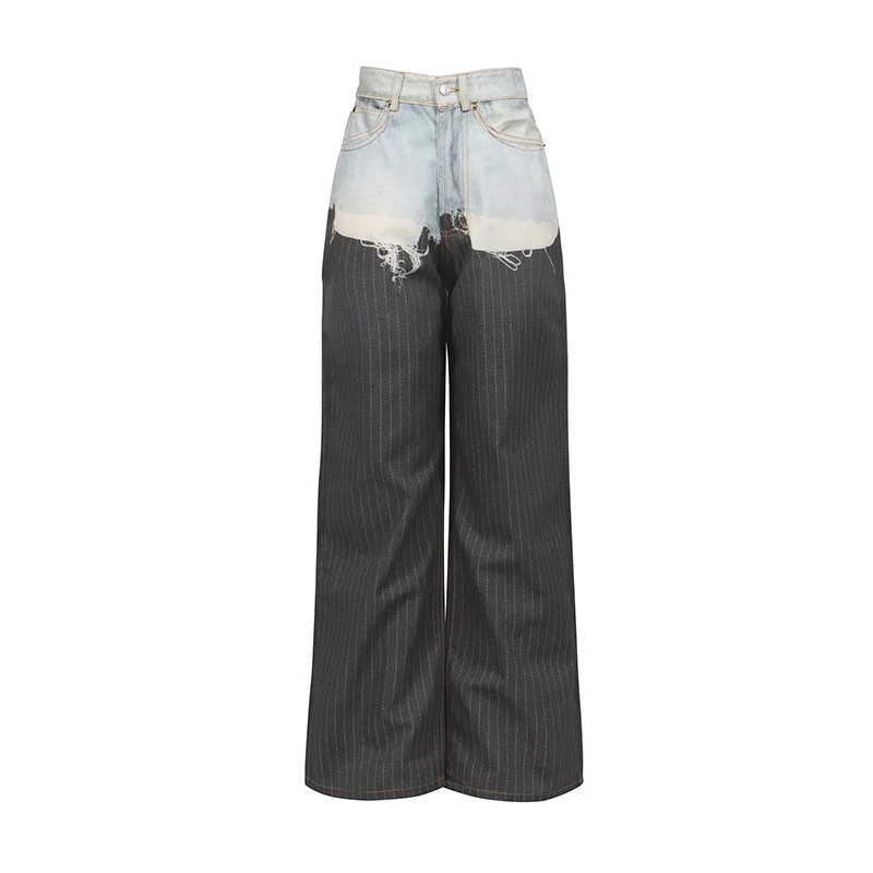 

Elegant Striped Splicing Design Loose Drapey Wide Leg Pants Draped Denim Jeans High Waist Polyester Summer Spring Ladies Jeans