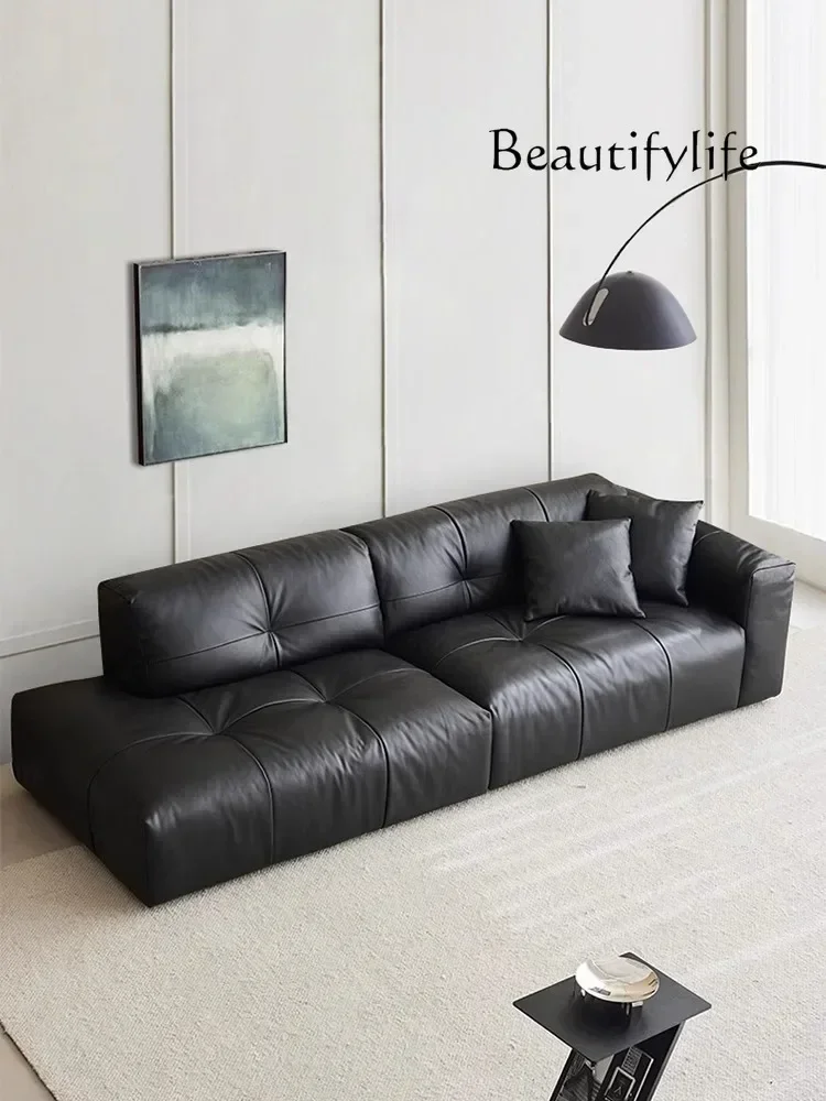French Retro Leather Sofa Black Straight Row Small Apartment Italian Tofu Block Module Designer Light Luxury