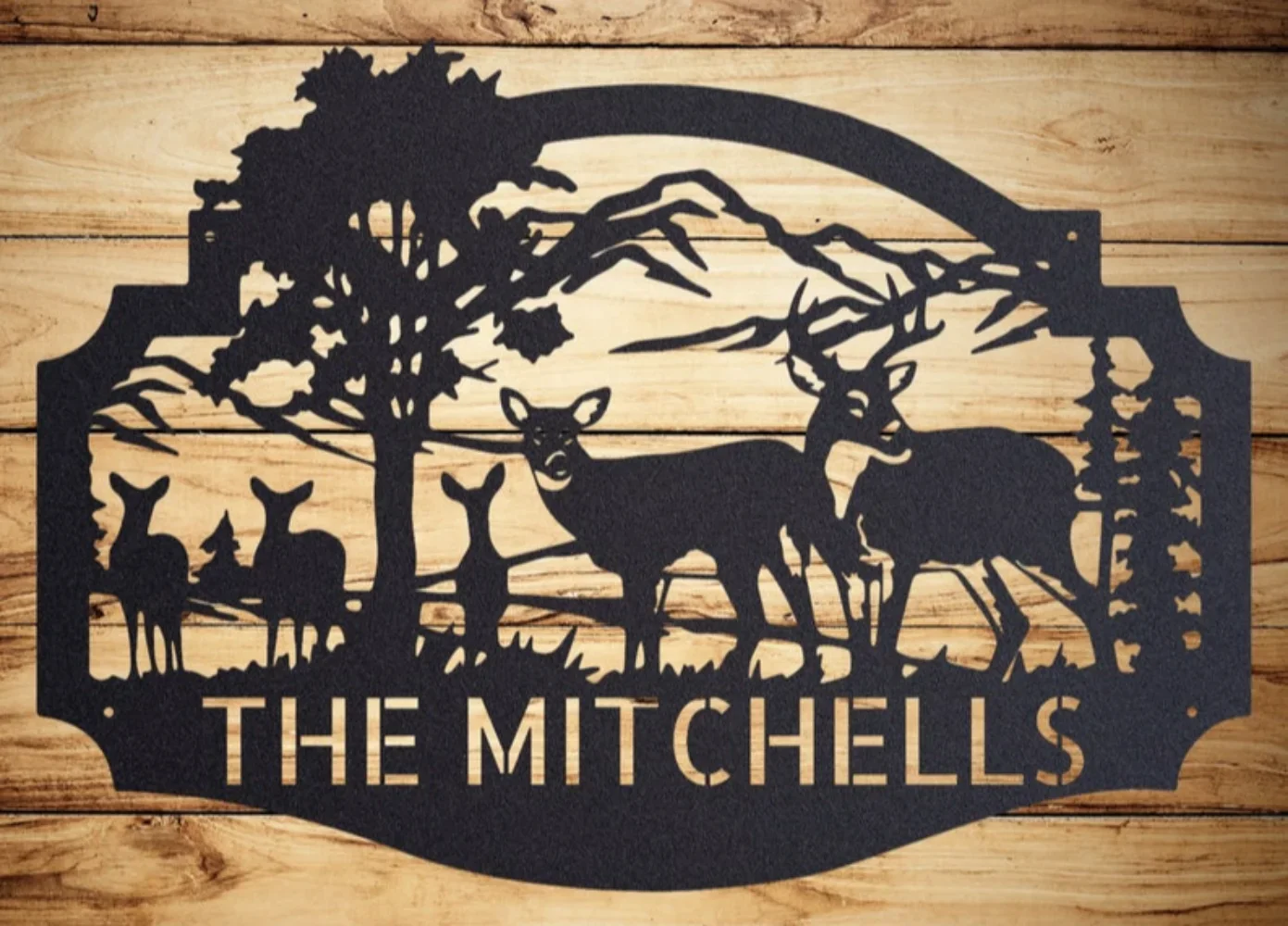 Charming Personalized Deer Cabin Sign, Featuring Hunting Theme with Antlers, Custom Family Name & Monogram, Ideal for Hunters.