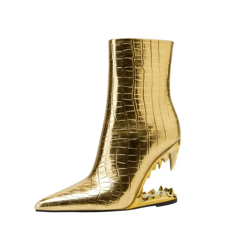 Size 35-43 Gold Silver Tiger Teeth Heel Women\'s Short Boots Brand 2023 European and American Style Leopard Pattern Pointed Shoes