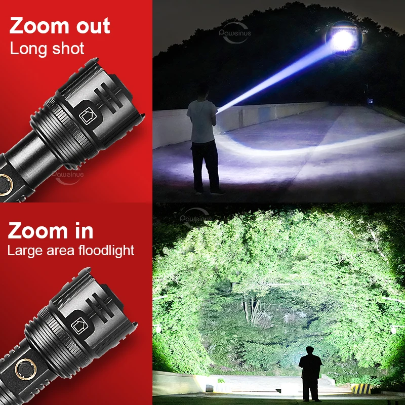 Super Powerful LED Flashlight 50W Rechargeable Torch Light 1500M Long Shot Lantern High Power LED Flashlight Zoomable Hand Lamps