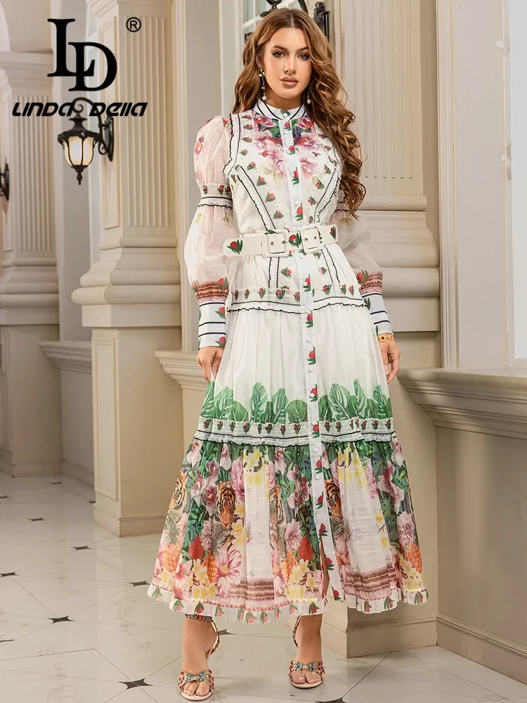 

LD LINDA DELLA French Palace Style Retro Printed High End Long Dress 2025 Spring/Summer Collection Waist Elegant Dress