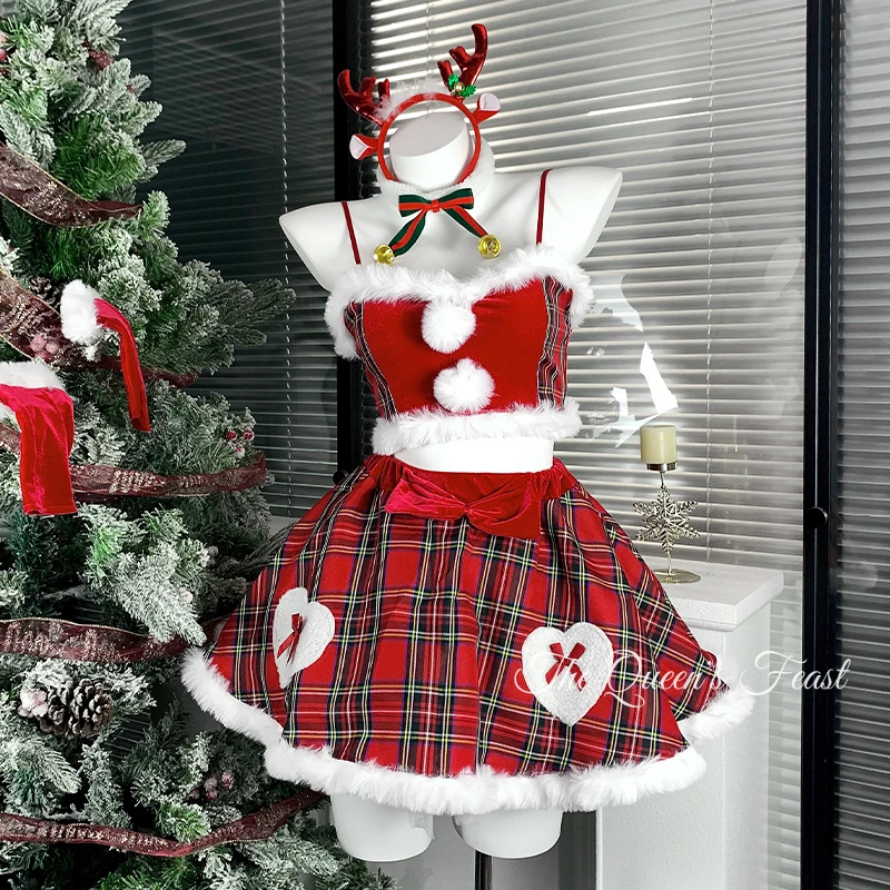 Kerst Outfit 2025 Winter Nieuwe Rode Fluwelen Raster Splicing 2 Stuk Zoete Cool Sexy Korte Rok Uniform Hot Girl Groep set Dames