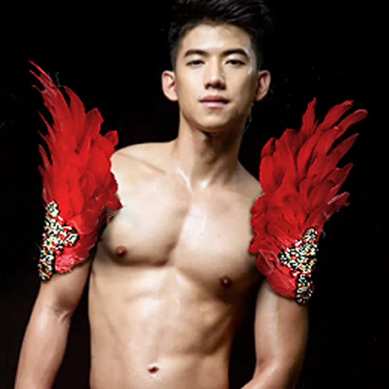 Rhinestone Feather Shoulder Ornament And Arm Gloves Set Red/White Stage Performance Accessory for Men And Women Singer Dancer