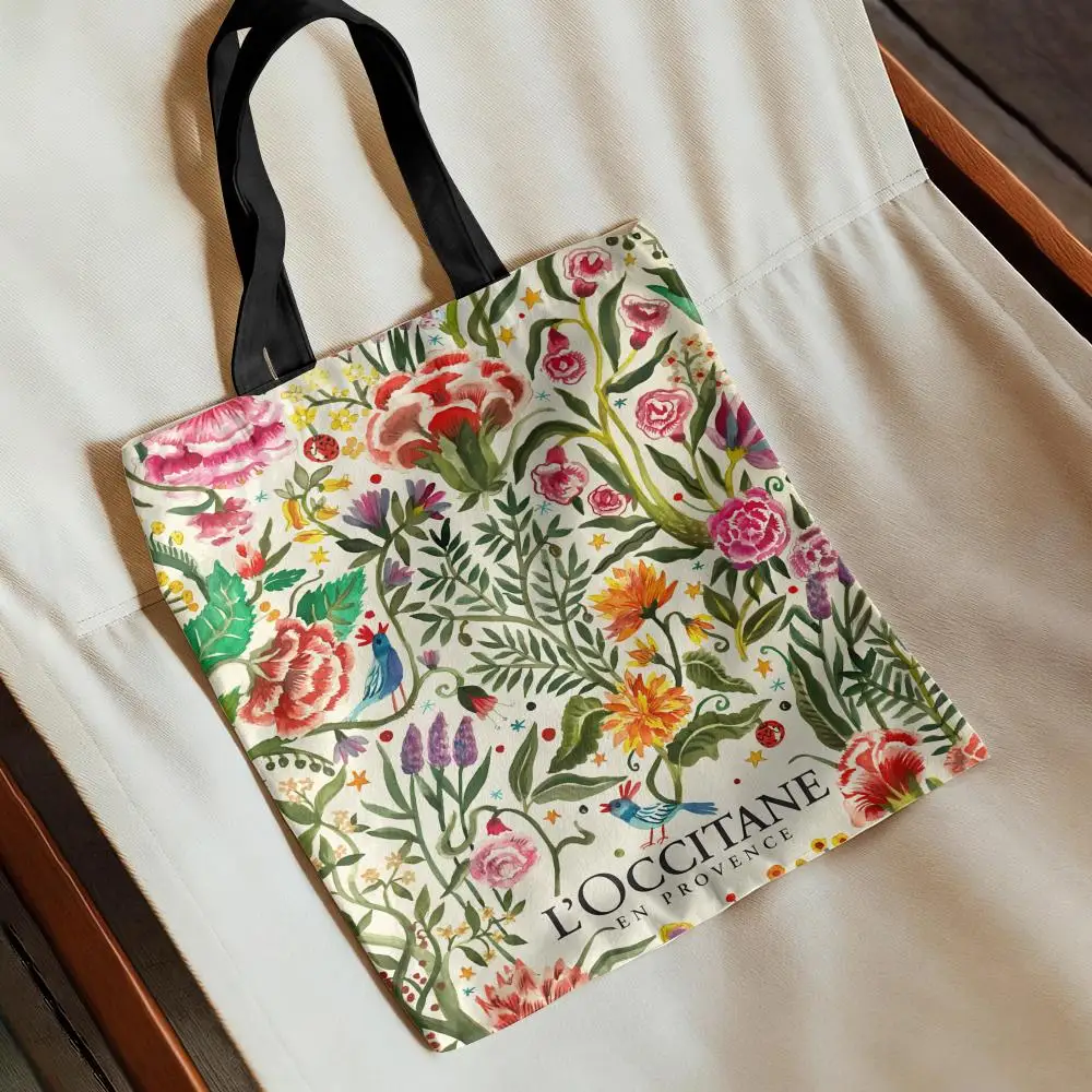 Fashion L-Loccitane Storage Bags Canvas Tote Bag Women Large Capacity Reusable Eco Shopping Shoulder Handbag
