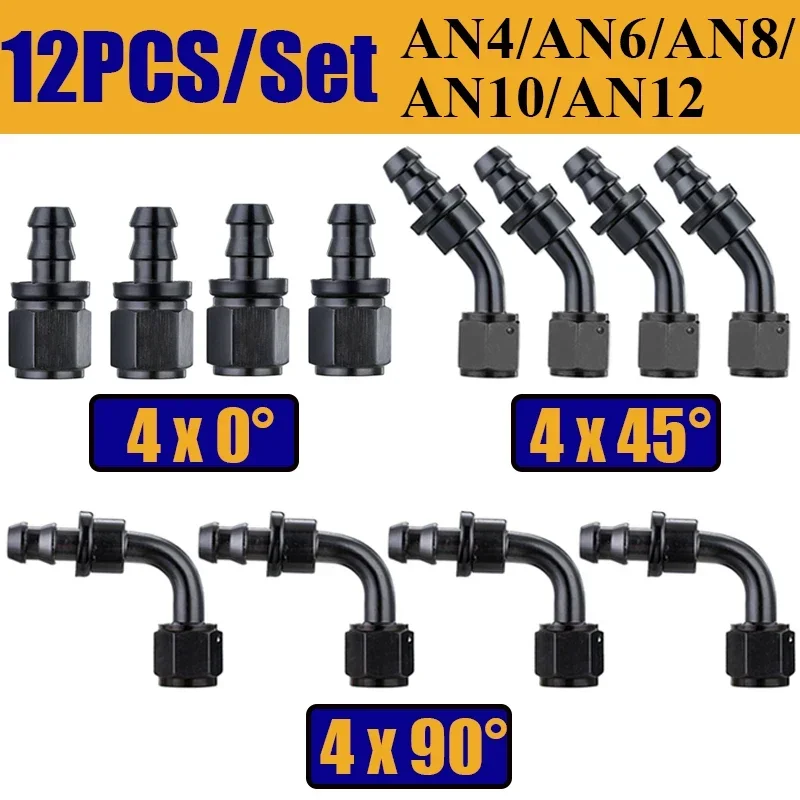 12Pcs Uuiversal 4AN 6AN 8AN 10AN 12AN Oil Fuel Cooler Push On Hose Fittings 4x0° 4x90° 4x45° Degree Rubber Tube End Adapter