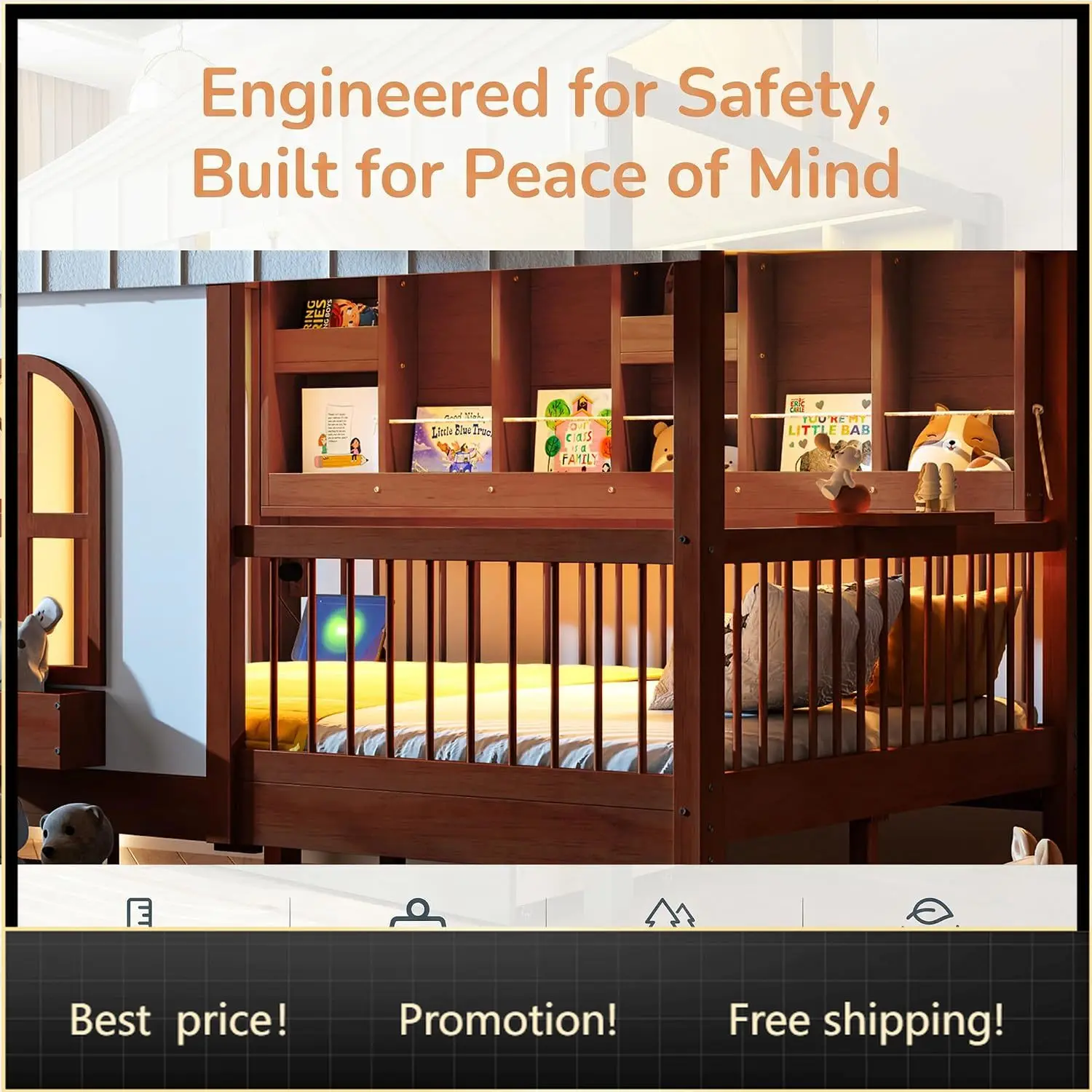 Full House Bed with 2 Drawers & LED Light Bookshelf (Walnut) | High Guardrails, Charging Station, Tent Included
