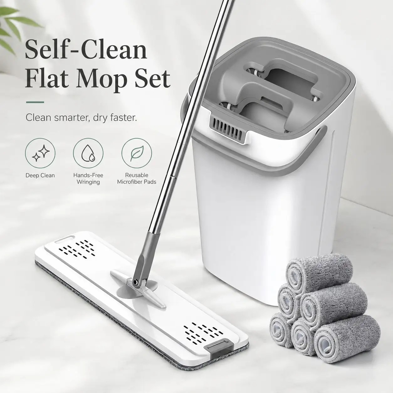 Flexible Rotating Hands-Free Flat Mop Bucket Set, 6 Microfiber Refill Pads, Wet Dry Floor Cleaner with Scraping System for Home