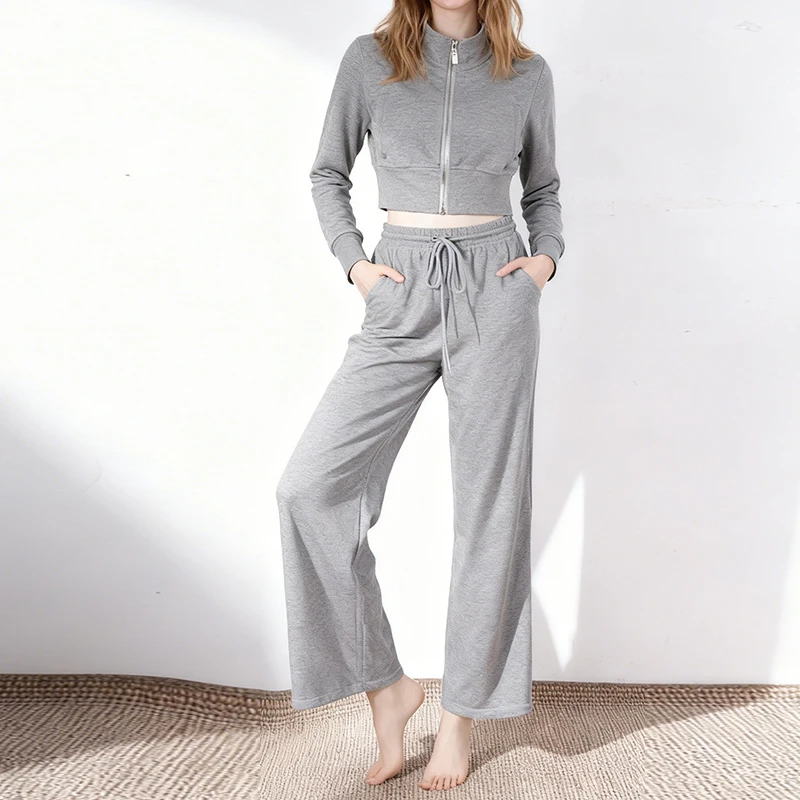 طقم مكون من قطعتين بلوزات نسائية قصيرة بسحاب كامل وأكمام طويلة وسراويل واسعة الساق عالية الخصر نحيفة كاجوال رياضية رمادية موضة الدعاوى #1