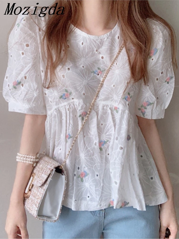 

Summer Ruffle Tops Women Print Embroidery Modis Sweet Ladies Cropped Blouses Short Sleeve Korean Style Loose Pleated Woman Tops