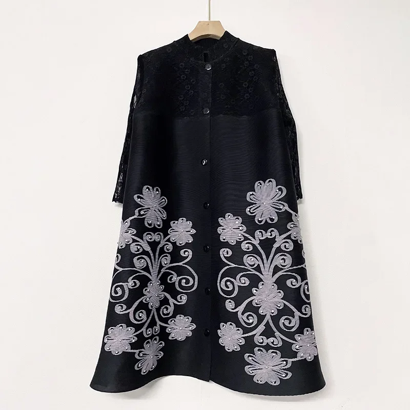 Miyake Embroidered Flares Pleated Dress Women Stand Collar Single Breasted Gauze Spliced Print Dresses Female 2023 Spring Outfit