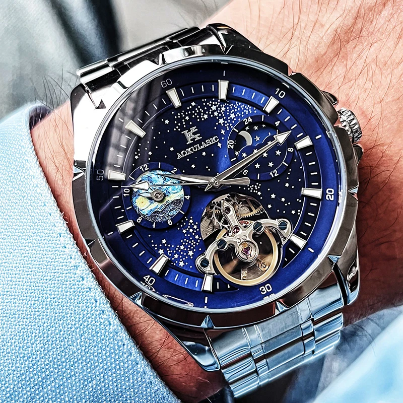 Men's Automatic Mechanical Tourbillon Watch Luminous sapphire Crystal Glass Screw down Crown 30M Water Resistant 41MM Large Dial