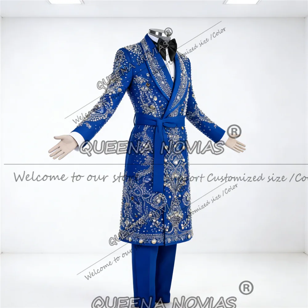 

Мужской модный костюм с камнями, блестящий, расшитый бисером, для выпускного вечера, длинный, на заказ, 2 предмета, смокинг для жениха, Ropa Hombre