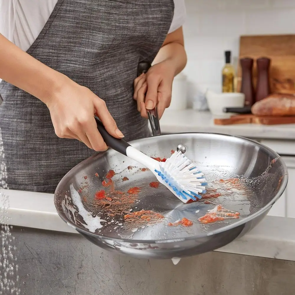 Nylon Bristled Dish Brush with Scraper, Safe for Non-Stick Cookware, Non-Slip Grip, Dishwasher Safe