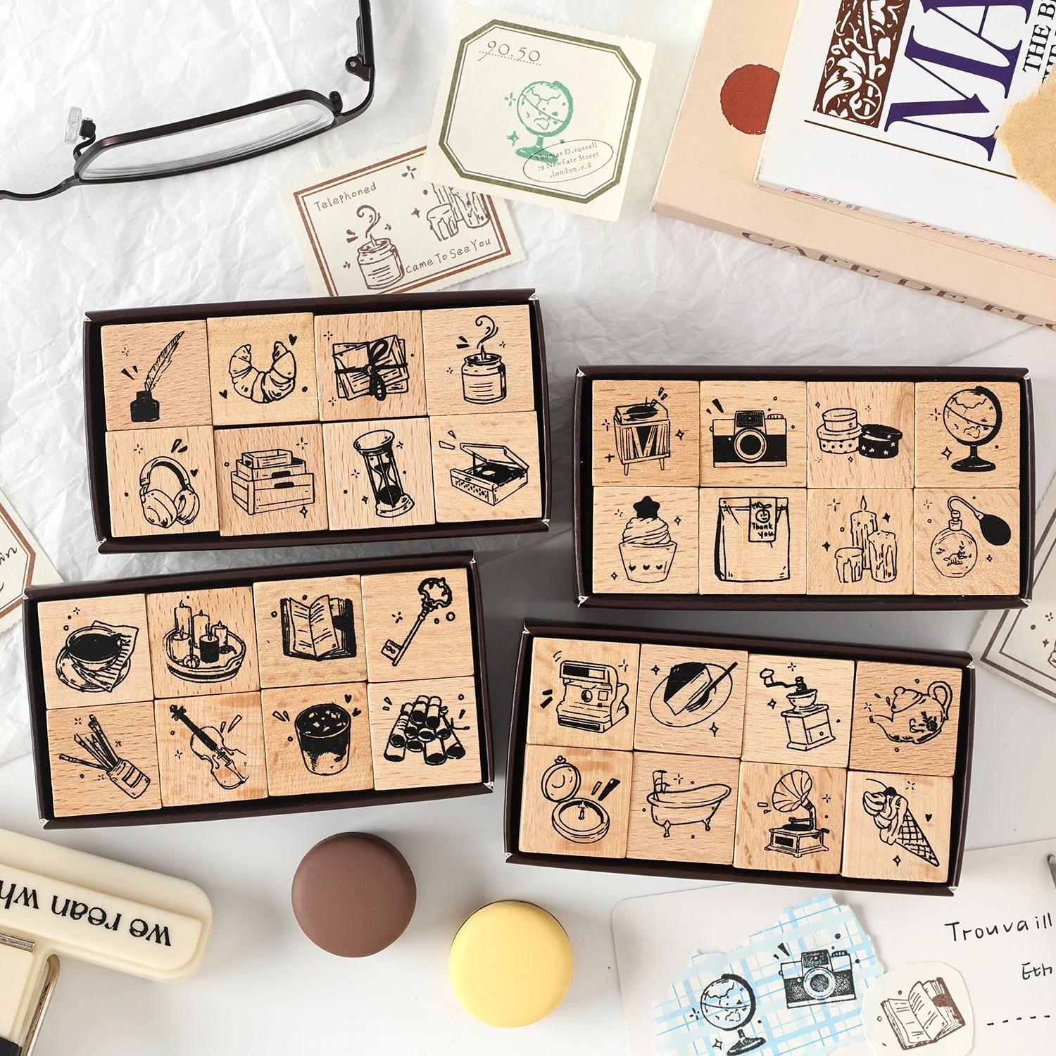 8 قطعة سلسلة الرسوم المتحركة خمر خشبية المطاط رقم الرسالة رمز ختم مجموعة لصنع البطاقة مخطط سجل القصاصات