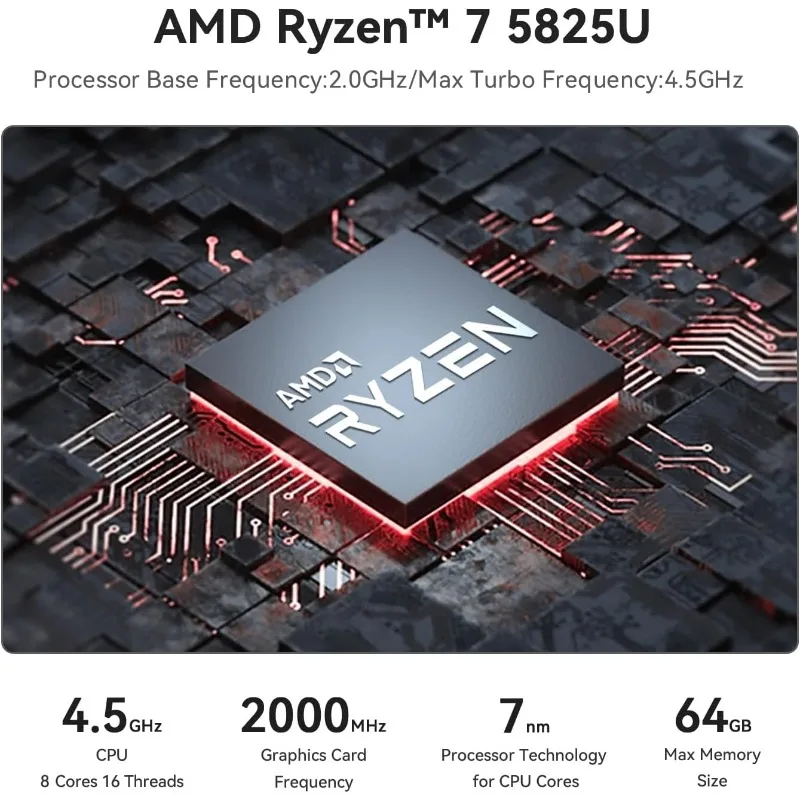كمبيوتر SER5 Pro Mini، 7 5825U (8C/16T، حتى 4.5 جيجا هرتز)، 32 جيجا بايت DDR4 RAM 500 جيجا بايت PCle3.0 SSD، SER5 كمبيوتر صغير يدعم 4