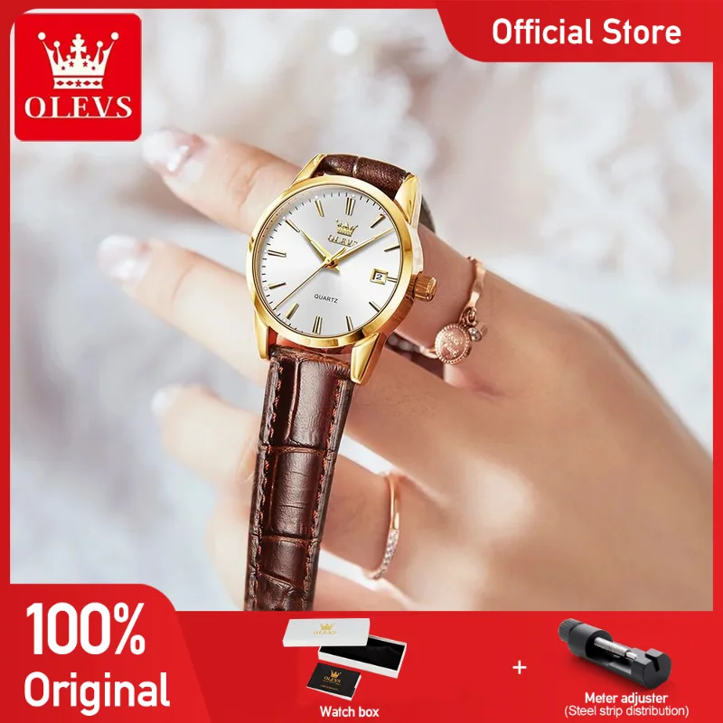OLEVS 6898 Women Watch Original Watch  Quartz Watches Leather Strap Waterproof Luminous  Date Watch Bracelet Set Ladies' Gift