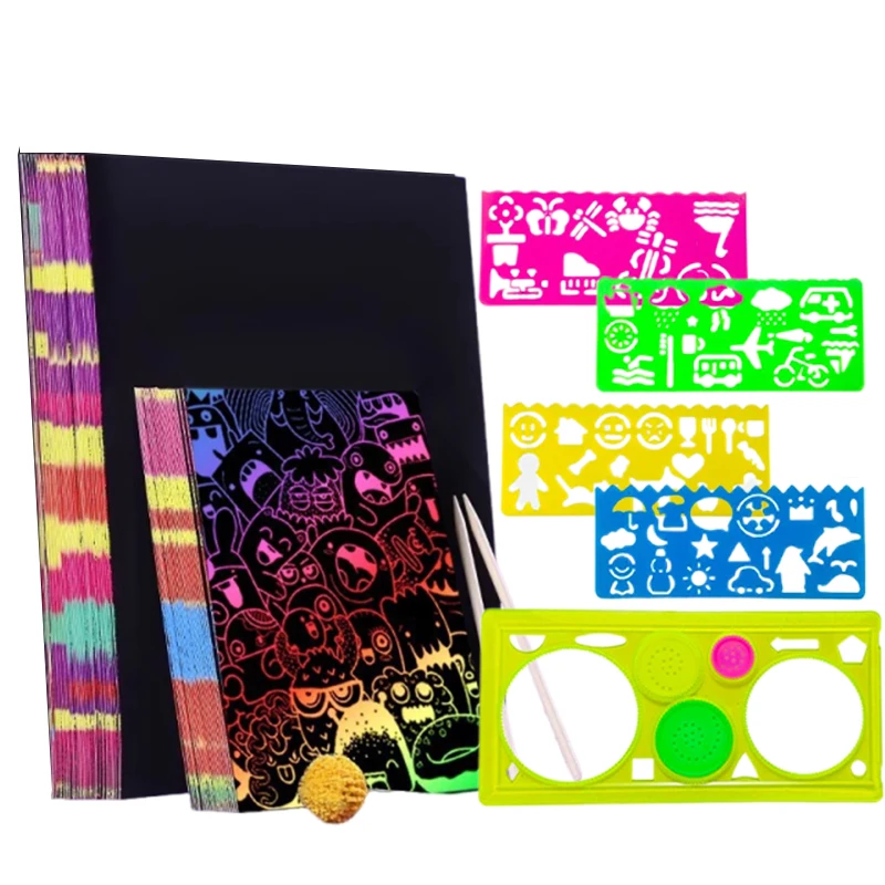 10/20/50pcs Colorful Scratch Paper Children Drawing Toys Drawing Template Ruler DIY Painting Toy For Kids Birthday Gifts TMZ