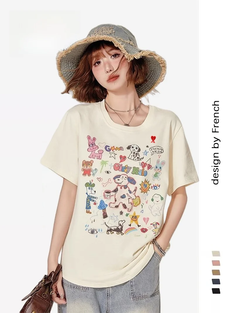 

AM I KMKM Summer Casual Loose round Ne ort Sve T-irt Women's Printed Comfortable Leisure Top in Milk Apricot Color