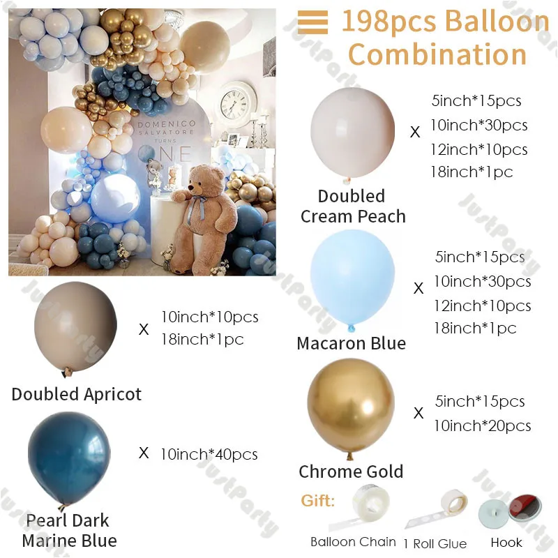 198pcs Dark Marine Blue Balloon Garland Kids 1st Birthday Decoration Doubled Blush Nude Boho Balloons Arch Kit Baby Shower Decor