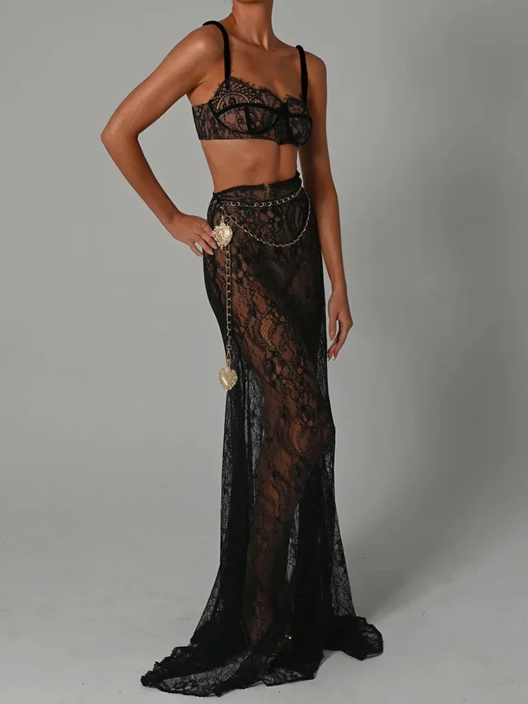 

2025 See Through Lace Two Piece Skirt Sets Women Crop Top And Maxi Skirt Sets Elegant Party Beach Sexy Two Piece Set