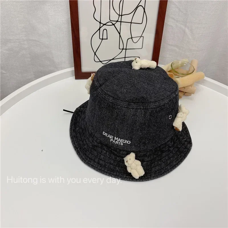 2022 Spring Fashion Bear Doll Decoration Bucket Hat Letter Embroidery Cowboy Fisherman Hat Women's Creative Sunshade Hat YF0504