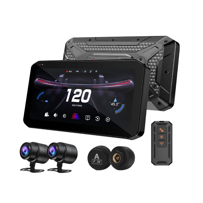 

6.25" CarPlay Moto Wireless Carplay Screen 2HD Cameras Motorcycle DVR Two Tire Pressure Sensor TMPS Motor BSD GPS Track System