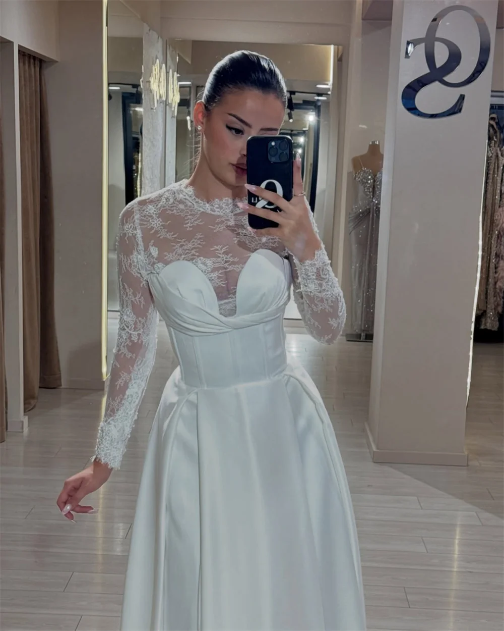 طوكيو مخصص أنيقة س الرقبة فساتين الزفاف الدانتيل طويلة الأكمام ألف خط زي العرائس 2025 الأبيض الكاحل طول فساتين الزفاف #3