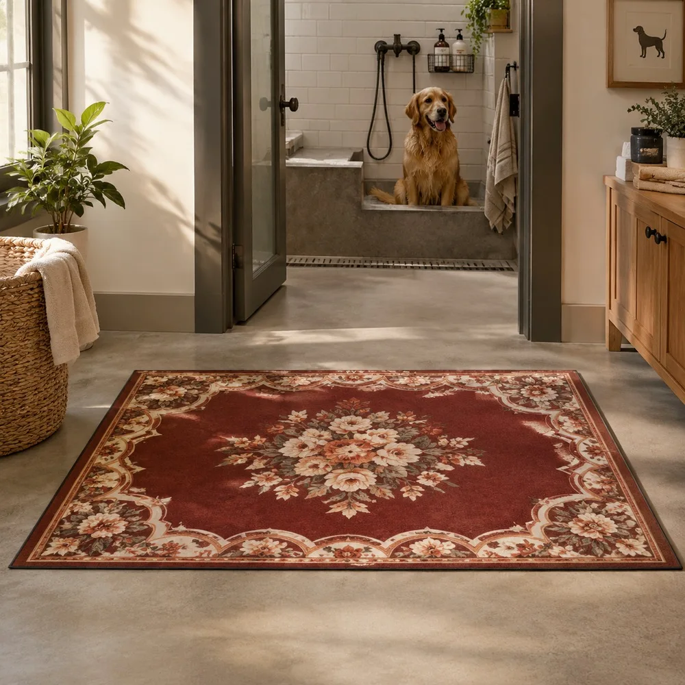 VIKAMA Living Room Rug Burgundy Moroccan Hand Drawn Floral Medallion Elegant Foldable Fireplace Side Table Bedroom Room Decor