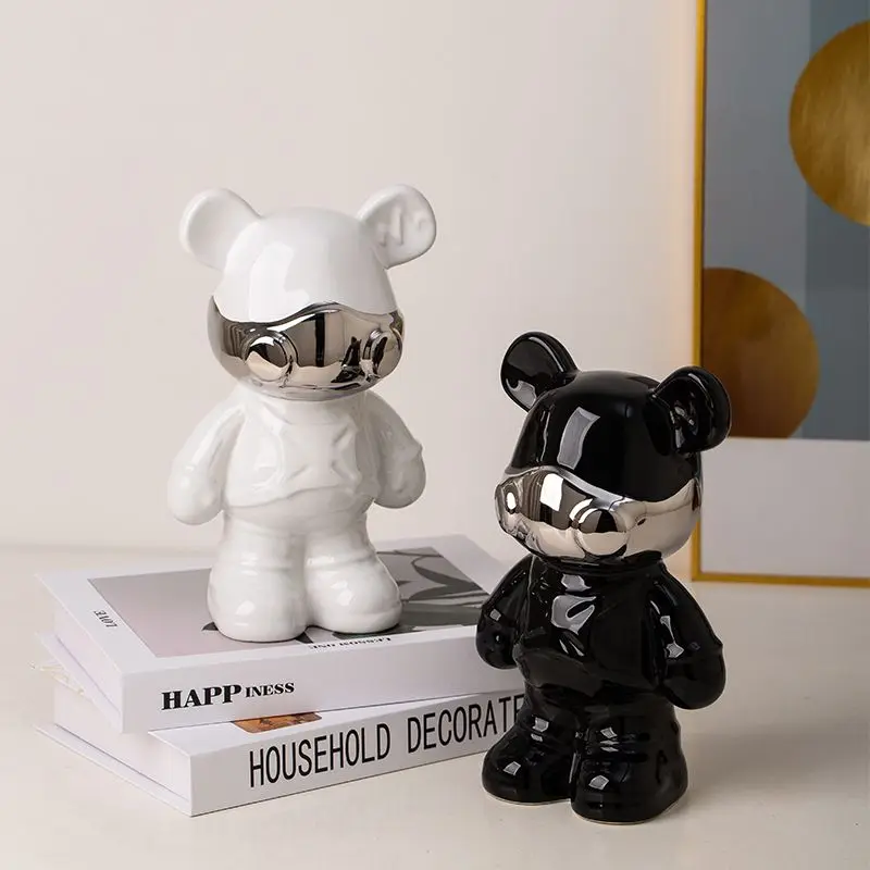 Light Luxury Minimalist High-Grade Mask Bear Ceramic Statue Display Cabinet Entryway Office Decoration Craft