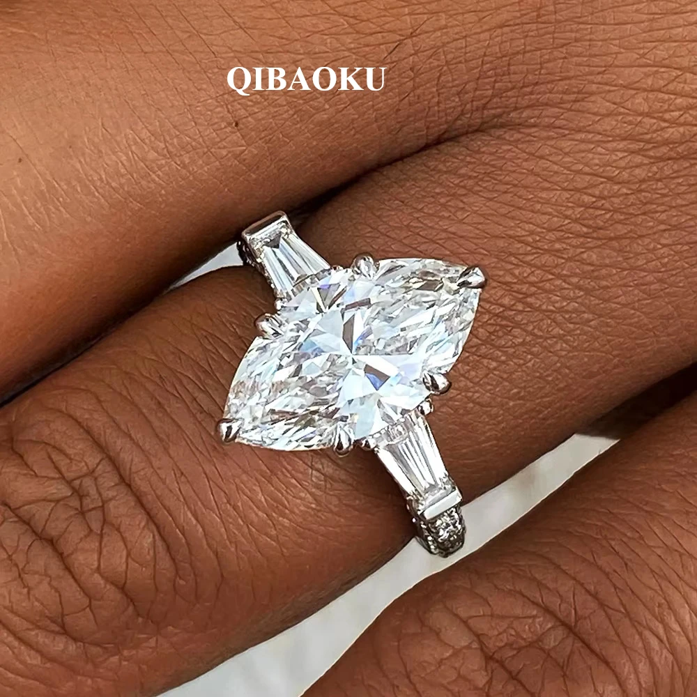 QIBAOKU 3-Stone Marquise Moissanite Ring S925 Sterling Silver for Women Tapered Baguette Diamond Wedding Band Gift Jewelry 2026