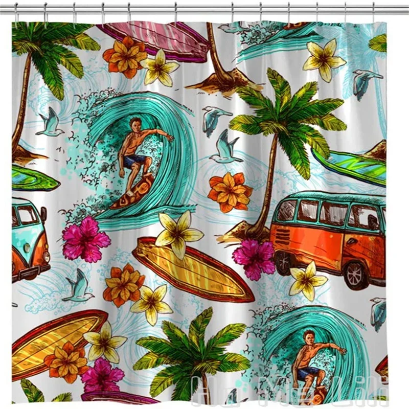 

Summer Shower Curtain Tiki Bar Beach Palm Tree Surfboard Dinosaur California Ocean Shark Dolphin Hippie Bathroom Decor