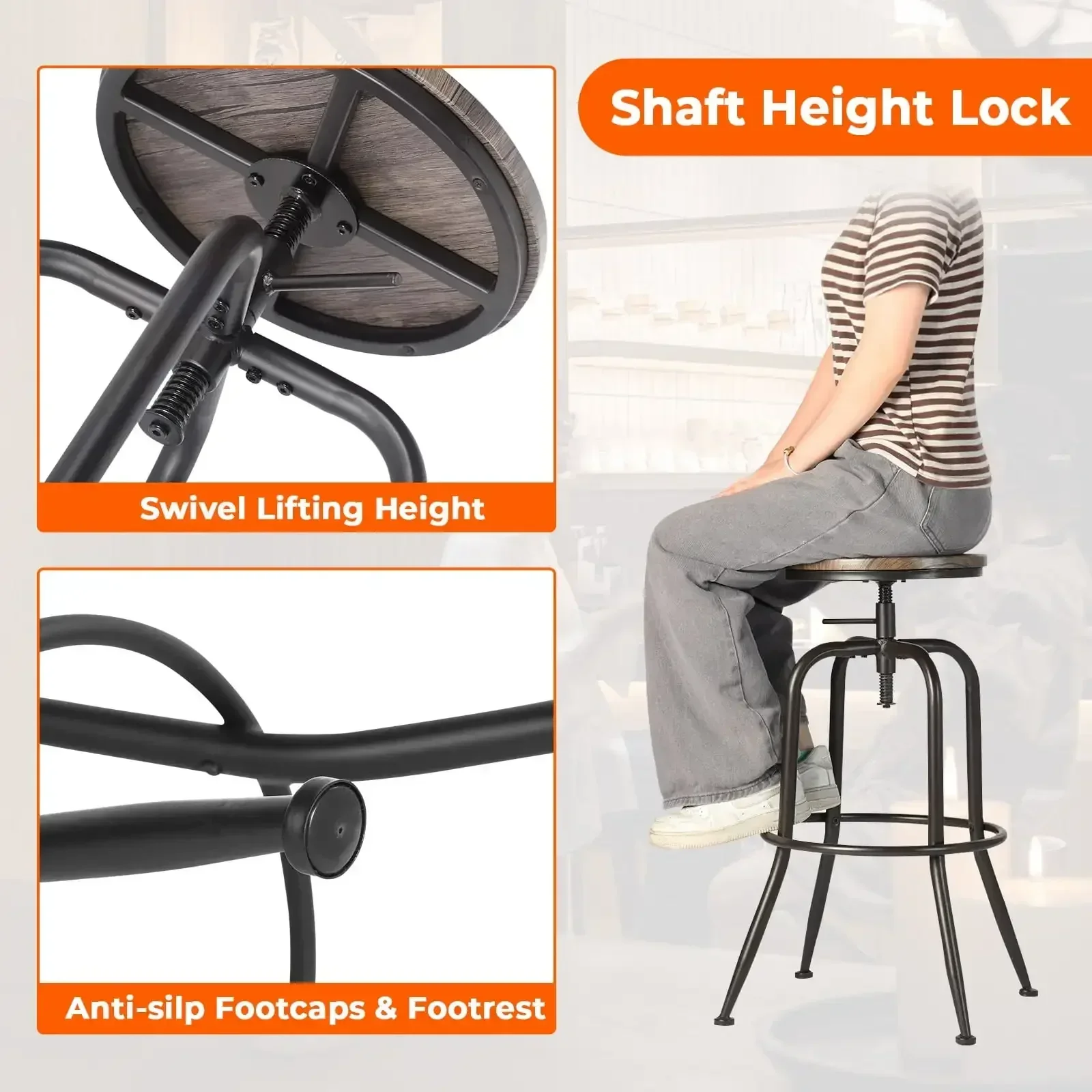 Swivel Bar Stools Set of 2, Adjustable Height Vintage for Home Kitchen Island, Oak